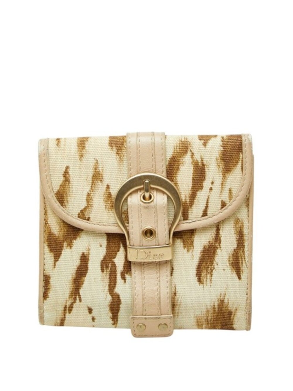 Dior Animal Print Bifold Wallet Beige Brown Canvas Leather